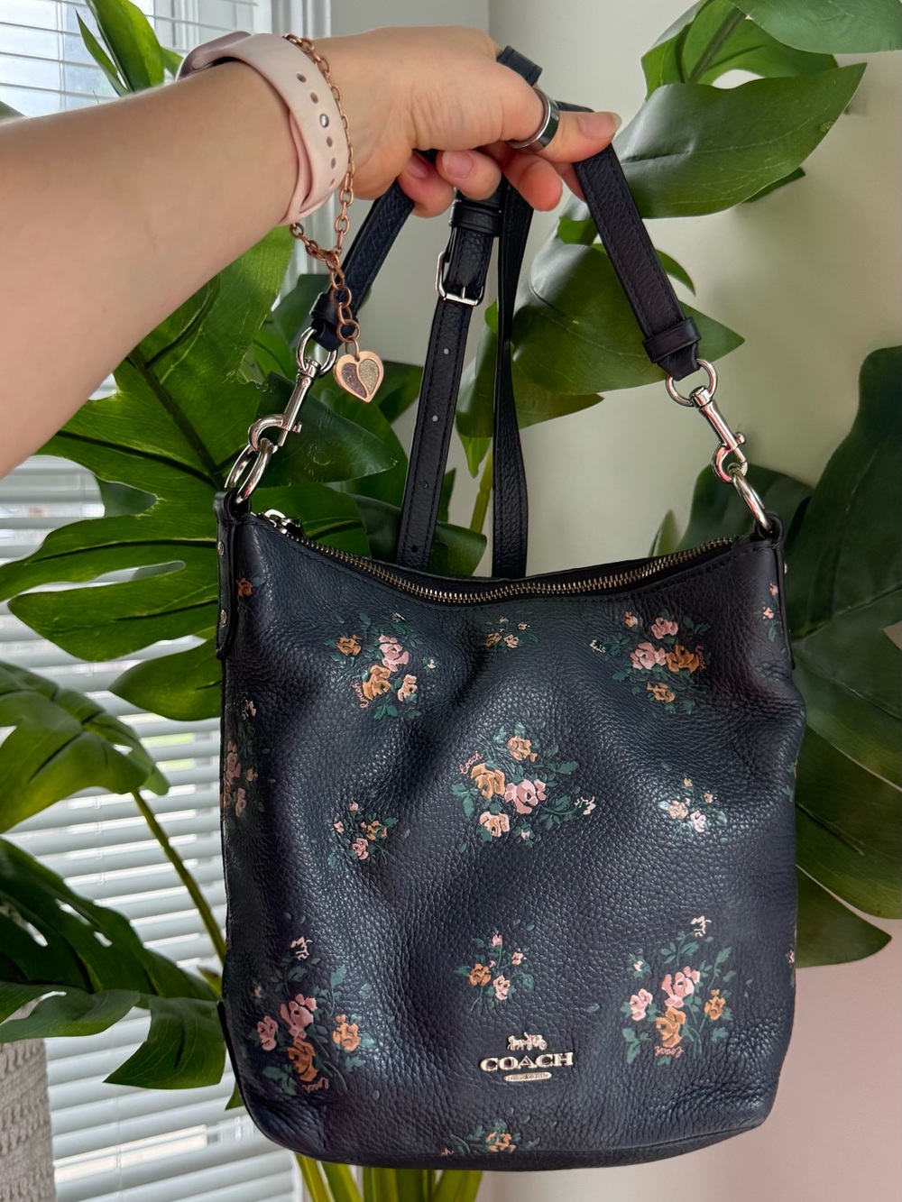 COACH Mini Abby Duffle Crossbody Bag Blue Leather Rose Bouquet Embossed Leather